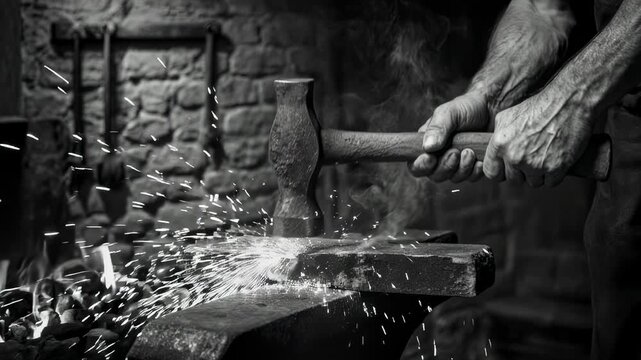 Smoky blacksmith's anvil with glowing coals in foreground