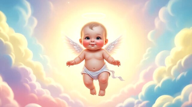 Adorable baby angel with wings flying in a bright sky surrounded by clouds.