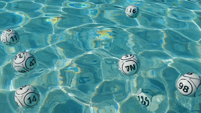 Close-up of numbered ping pong balls floating in water, representing chance, games, or statistical concepts for business and abstract imagery.
