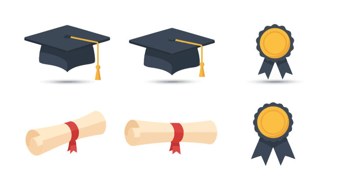 Graduation caps diplomas and achievement badges illustration on white background