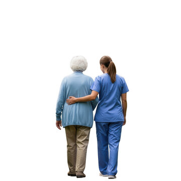 Nurse assisting elderly woman walking isolated on transparent background