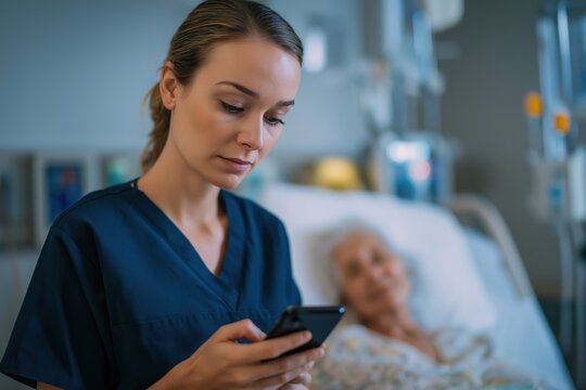 Distracted Nurse Texting on Phone While Elderly Patient Lies in Bed