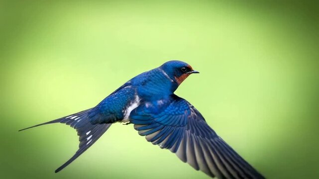 Close-up of a beautiful blue swallow bird in flight against a green background.