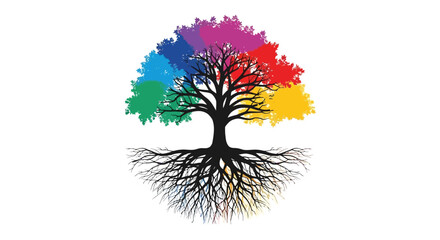 Colorful tree with a black silhouette and detailed root system