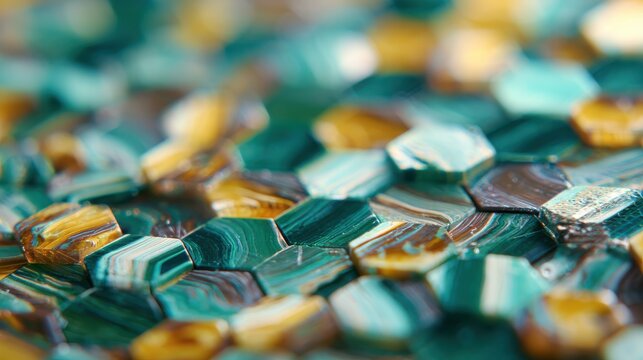Hexagonal malachite tiles creating a luxurious textured surface