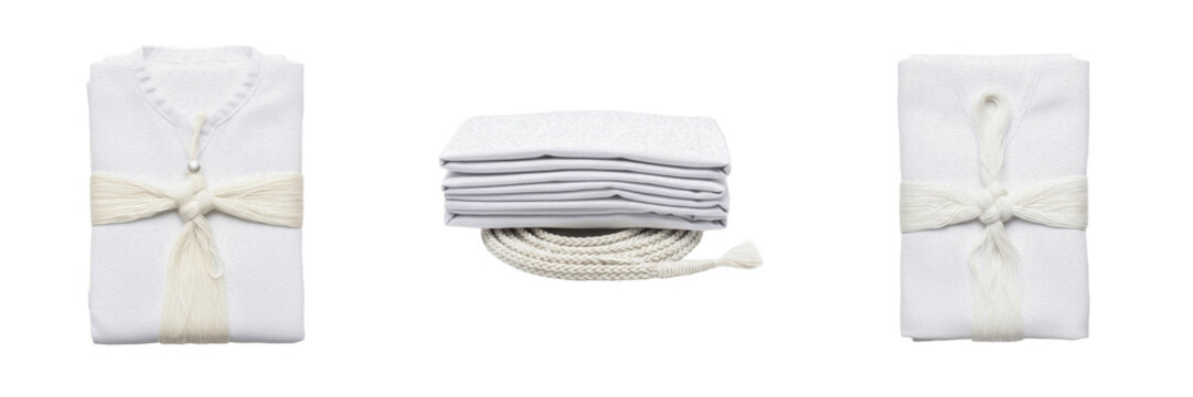 Three Sets of White Ihram Clothing for Hajj and Umrah Pilgrimage Isolated on White