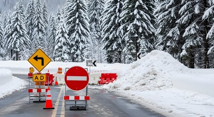 Snowy Road Blockage with Warning Signs and Barriers Indicating Traffic Restrictions