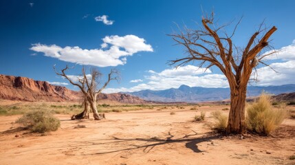 Scenic View of Leafless Trees Against a Clear Blue Sky in Arid Desert Landscape with Rocky Mountains in the Background and Sparse Vegetation
