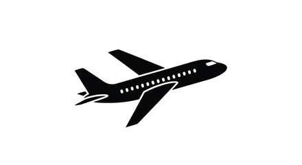 Simple black silhouette of an airplane in flight against a white background