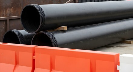 Stacked Black Corrugated Pipes with Safety Barriers industrial pipes