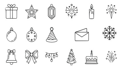 Collection of simple black line icons for christmas and celebration on a white background perfect for holiday greetings and festivities © Ajoy