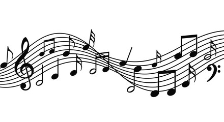 Flowing musical notes and staff create a dynamic rhythmic composition