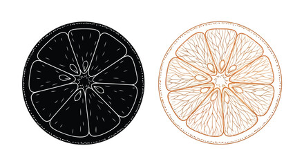 Two orange slices one black and white one color illustration