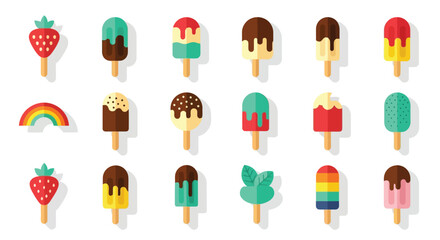 Colorful flat lay of various sweet treats including popsicles and fruit