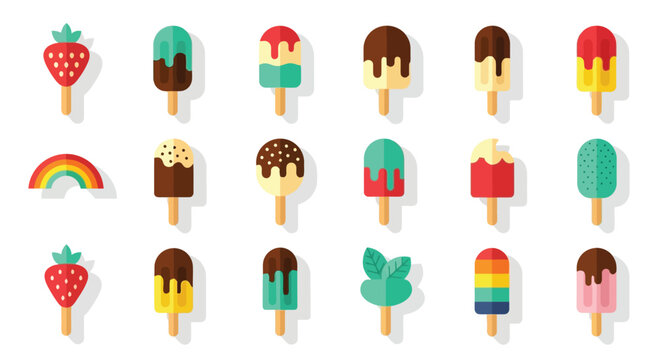 Colorful flat lay of various sweet treats including popsicles and fruit