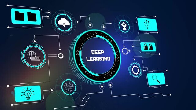 Advanced deep learning technology and artificial neural network footage. Futuristic AI machine learning, cyber infrastructure and intelligent data processing background