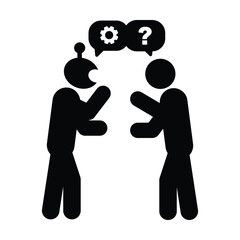 Human and artificial intelligence robot icon discussing strategy with question and gear symbols representing AI consultation