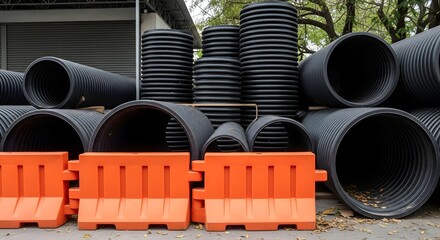 Stacked Black Plastic Pipe Rolls with Bright Orange Safety Barriers Outside