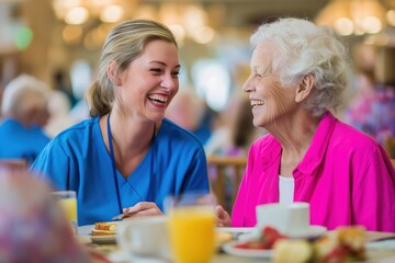 Happy Senior Woman and Nurse Laughing Together in a Cafeteria
