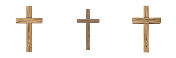 Set of Three Simple Wooden Christian Crosses Isolated on White Background