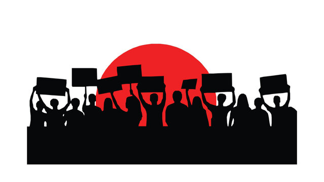 Group of people protesting together holding up signs in front of a large red sun or moon