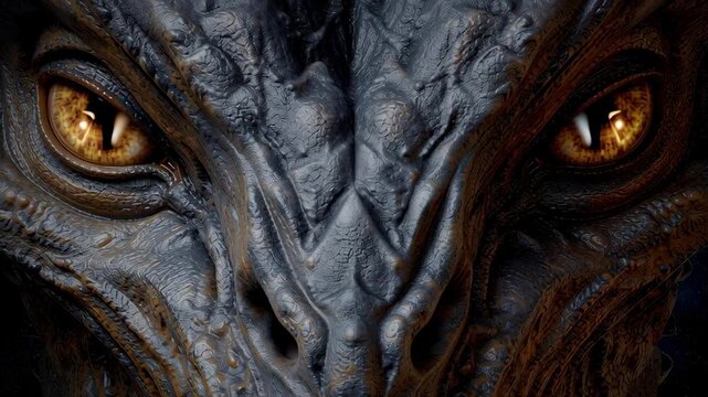 Close-up view of an intricately textured alien face with deep-set eyes and a starry background, conveying mystery and otherworldliness