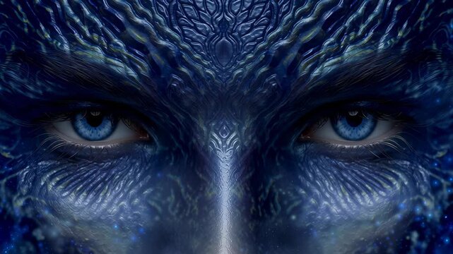 Close-up view of a detailed alien face with intricate designs, vibrant blue eyes, and a cosmic, starry background
