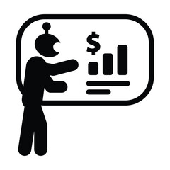 AI robot presenting financial chart icon and dollar symbol representing business analytics, financial growth, revenue monitoring