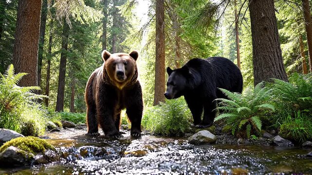 Two Bears Interacting in Forest Stream.