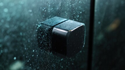 A close-up of a sleek glass shower door handle, glistening with water droplets, perfect for showcasing bathroom designs, home improvement projects, or products related to cleanliness and luxury,
