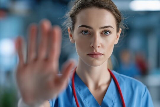 Female Doctor with Stethoscope Showing a Stop Sign with Her Hand