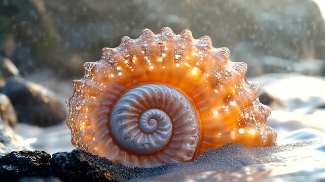 Close-up of a beautiful seashell on a sandy beach at sunset