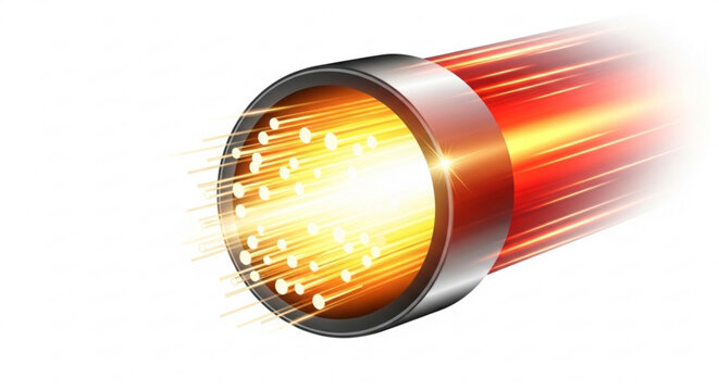 Fiber optic cable with glowing orange light transmission through metallic tube fast internet connection
