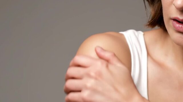 Close-up of a woman experiencing shoulder pain, gently rubbing her upper arm and collarbone area with a concerned expression, against a neutral gray background.