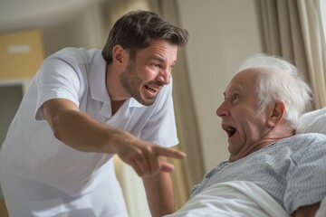 Obraz premium Menacing Male Caregiver Laughing and Pointing at a Scared Elderly Man in Bed