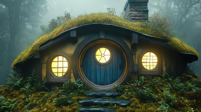 A cozy burrow with glowing windows and a round door nestled in lush greenery, shrouded in mist