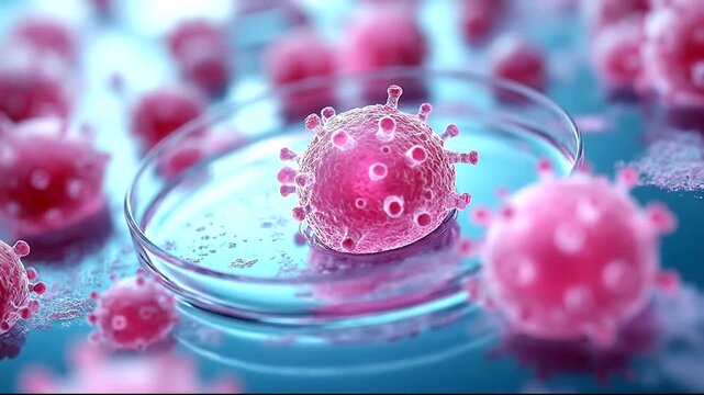 Close-up of vibrant pink virus particles in a petri dish, showcasing scientific research