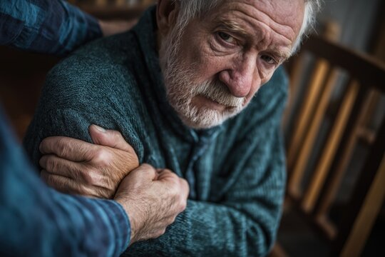 Supportive Hand Comforting a Depressed and Withdrawn Elderly Man