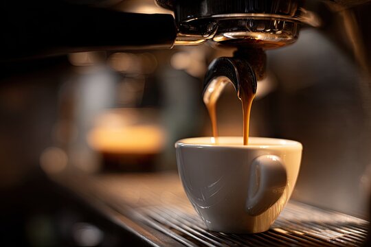 Espresso machine dispensing freshly brewed coffee into a white ceramic cup