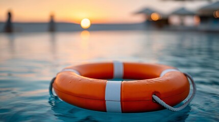 Naklejka premium A red life preserver is floating in the water