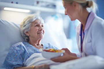 Caring Nurse Offers a Healthy Meal to a Smiling Elderly Patient
