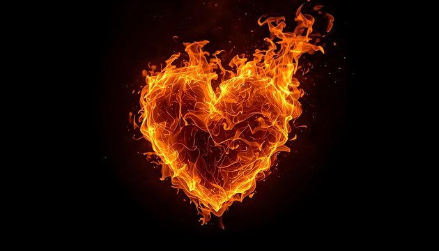 A fiery heart burns with passion and intensity against a dark background