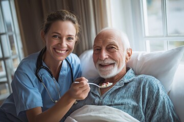 Obraz premium Nurse and Senior Patient Smile for Camera During a Meal in Bed