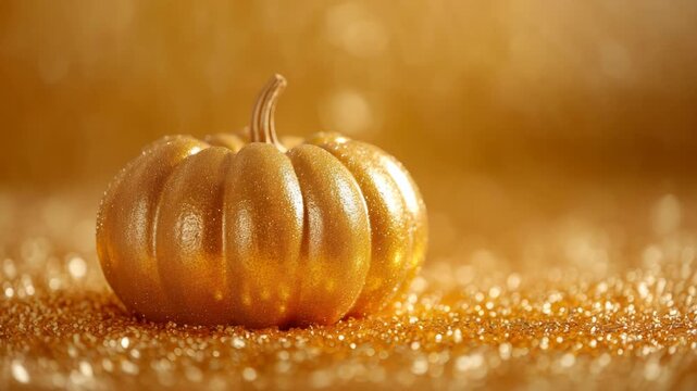 Close-up of golden, textured pumpkin with stem, sparkling against a glittering gold background