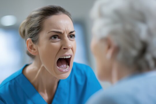 Furious Female Nurse Screaming in the Face of an Elderly Woman