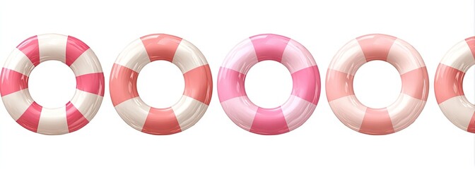 Five colorful striped life rings in varying shades of pink and white