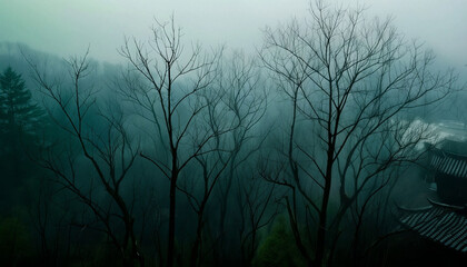 l'immagine di una foresta con alberi spessi e spogli avvolti nella nebbia crea un'atmosfera inquietante, image of a forest with thick, bare trees shrouded in fog creates an eerie atmosphere