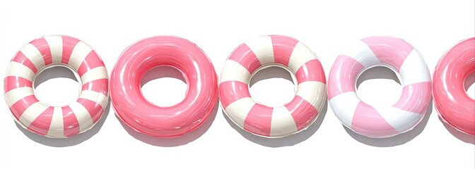 Five pink and white inflatable rings arranged in a row against white