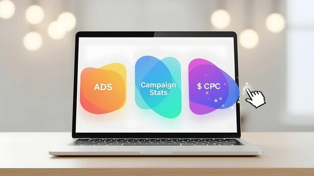 Laptop screen showing digital marketing metrics and a cursor indicating interaction.