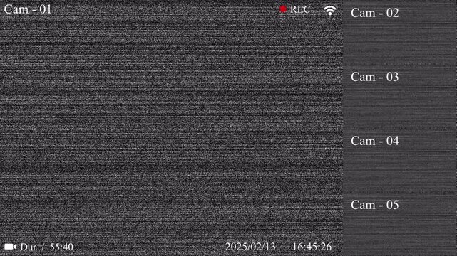 CCTV Security Camera Footage with Glitch and Static Noise on Multiple Screens.